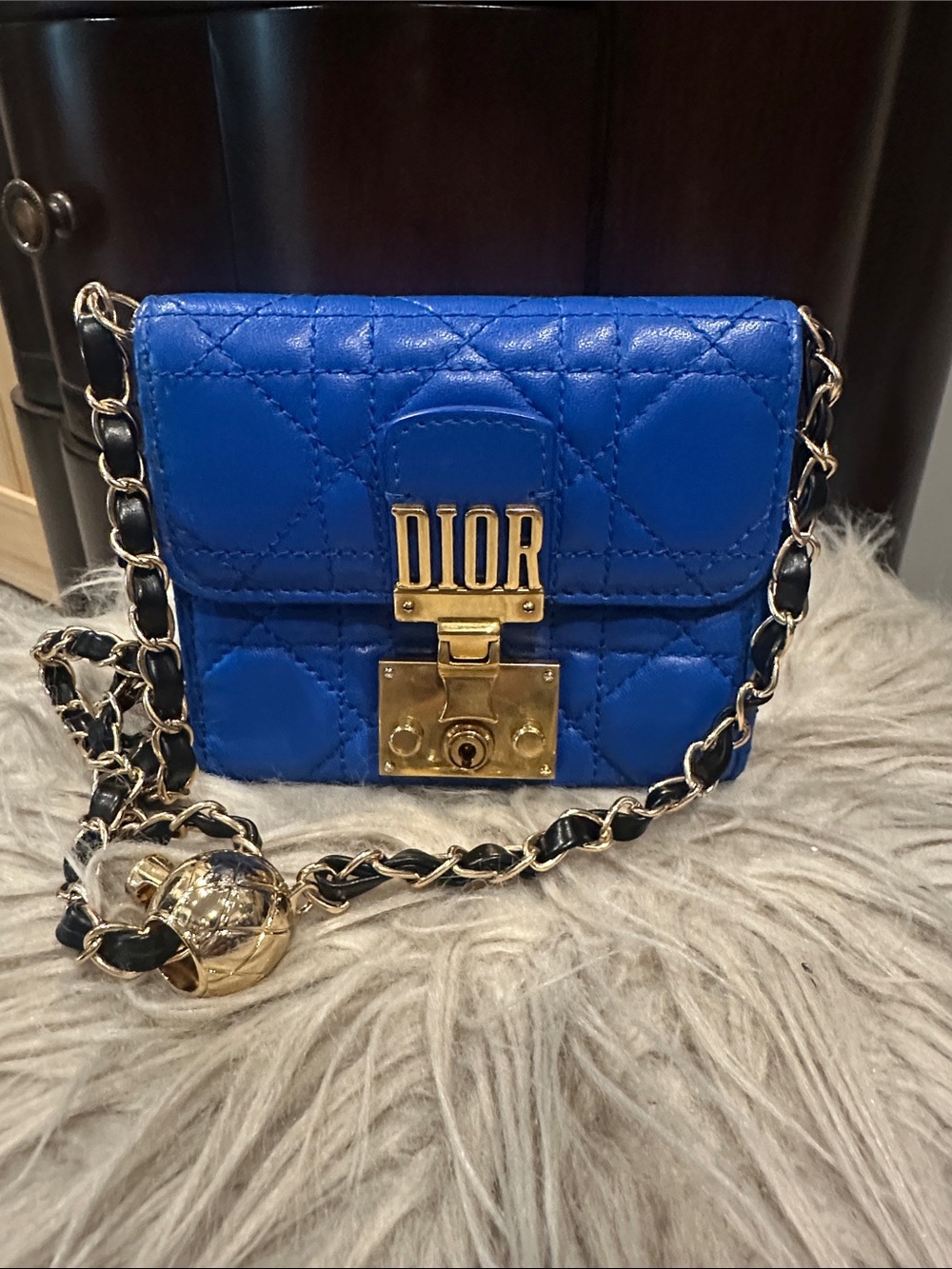 Dior Quilted Blue Leather Compact Wallet with Added Crossbody Insert